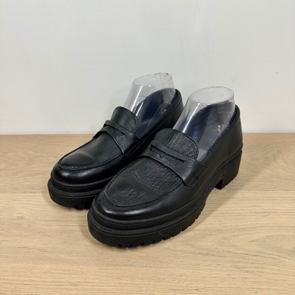 Patina Loafers Womens 8.5 Black Leather Lug Sole Platform Penny Loafers Preppy
